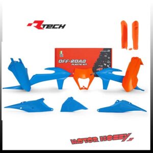 FULL KIT PLASTICHE RTECH KTM EXC EXCF CELESTE ARANCIO 2020 – 2022 + COPRISTELI RTECH