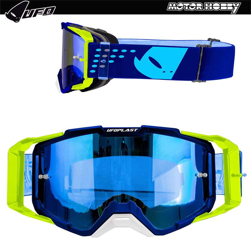 Maschera Cross Enduro Ufo Core Blu Giallo Fluo Lente a Specchio