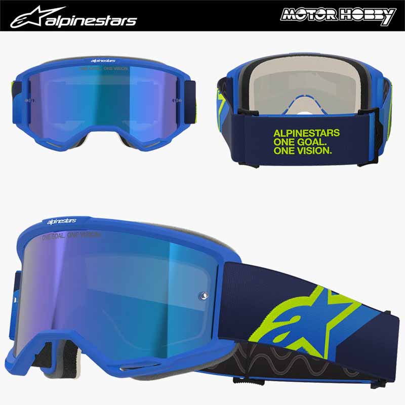 MASCHERA MOTOCROSS ENDURO ALPINESTARS VISION 5 BLU GIALLO FLUO LENTE A SPECCHIO